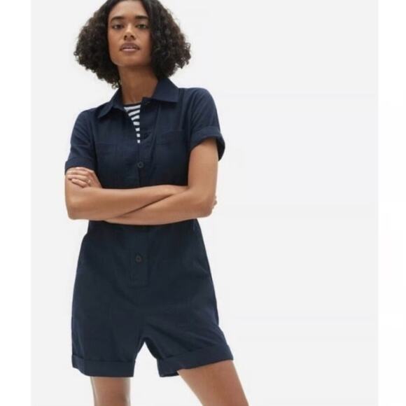 Everlane Pants - Everlane The Cotton Weave Romper Size 6 Short Sleeve Pockets Navy Blue Shorts